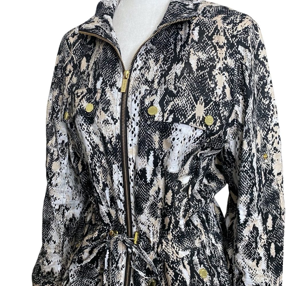 Calvin Klein Linen Lightweight Jacket Snake Animal Print Roll Tab Sleeve Sz L - Picture 5 of 12